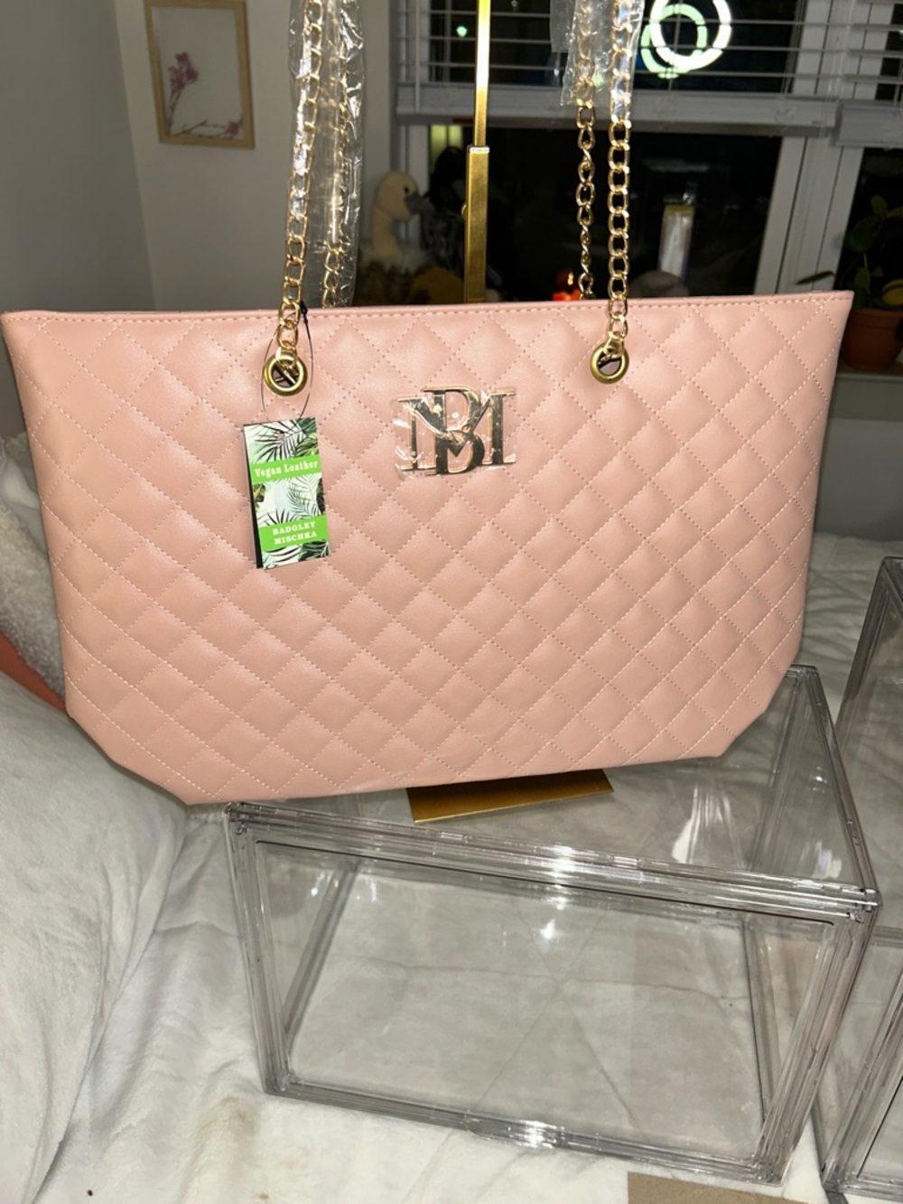 Badgley Mischka Quilted Chain-Handle Tote Bag in Blush Pink 10.5”x 17”x 6” NWT